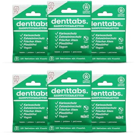 Denttabs tandborsttabletter mynta med fluor 6 x 125 st. 1 år. Det fullvärdiga alternativet till tandkräm. VEGAN plastfri utan konserveringsmedel. ORIGINAL DENTTABS komposterbara påsar