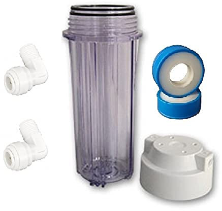 Planet-Aqua Transparentes Filtergehäuse in 10 Zoll mit 1/4 Gewinde inkl. Winkel Fitting und Zubehör für Osmoseanlagen und Wasserfilter. Gehäuse/Filter für die Wasserfilterung