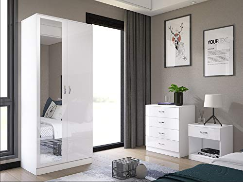 Harmin Mirrored High Gloss 3 Piece Bedroom Furniture Set - Soft Close Wardrobe, 4 Drawer Chest, Bedside Cabinet (WHITE ON WHITE)