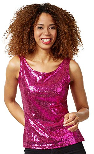 dressforfun 901014 dam paljetttopp, glitter gnistrande axelbandströja, rosa – olika storlekar – (L | Nr 303768)