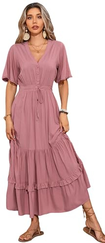 R.Vivimos Womens Summer Cotton Short Sleeve V Neck Floral Print Casual Bohemian Midi Dresses (Small, Mauve)