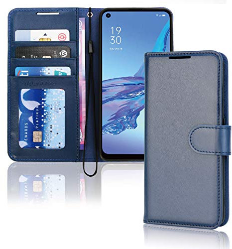 TECHGEAR Leather Wallet Case for Oppo A53 / A32, Flip Protective Case Cover with Wallet Card Holder, Stand & Wrist Strap - Blue PU Leather with Magnetic Closure