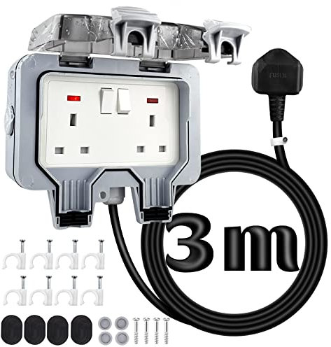 Outdoor Plug Sockets Waterproof 3m Extension Lead Ip66 Weatherproof Double Outside 13Amp 2 Gang External Power Electrical Plug for Outdoors Garden