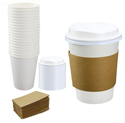 Lechay Disposable Coffee Cups with Lids, 12 oz 20 pcs White Paper Coffee Cups with Lids Drinking Cup for Water, Coffee or Tea