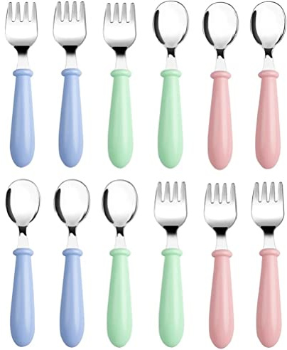 Pimoys 12 Pieces Toddler Utensils Kids Silverware Set Baby Forks and Spoons, Stainless Steel Childrens Safe Cutlery with Round Handle for Self Feeding, Dishwasher Safe