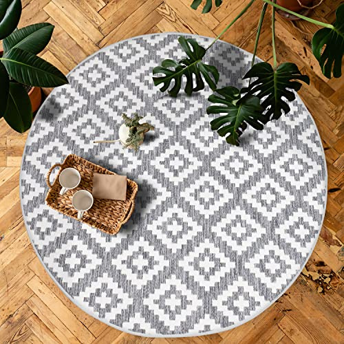 payé Outdoor Teppich Rund - 160x160cm - Wetterfest - Grau Weiß - Raute Gitter - Teppiche für Terrasse Balkon Garten Indoor