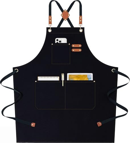 AFUN Chef Aprons for Women Men with Oversized Pockets, 12-Ounce Cotton Canvas Cross Back Water Repellent Apron (Black)