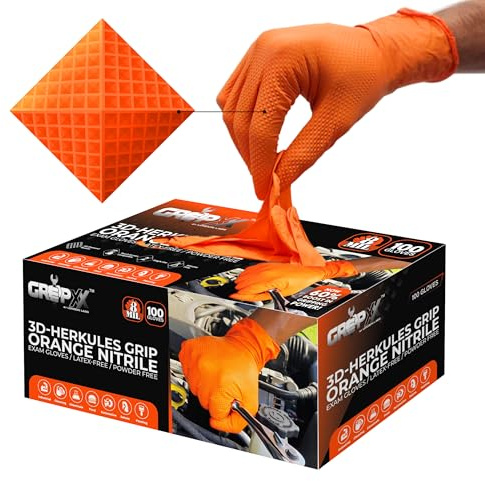 GRIPXX Herkules Grip Heavy Duty 8Mil Orange Nitrile Gloves,3D Raised Diamond Texture-Latex & Powder Free-Industrial, Mechanic (1, Large)
