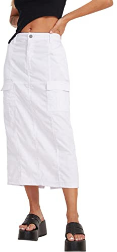 Straight Solid High Waist Slim Back Split Jean Skirt with Pockets Shirts Women, White, M