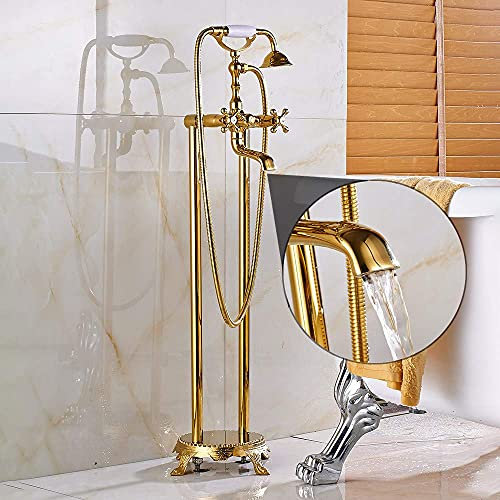 Robinet Robinet de baignoire Or Mélangeur de baignoire de salle de bain sur pied doré Robinet mixte autoportant à deux poignées Robinet de baignoire sur pattes Bec pivotant en laiton