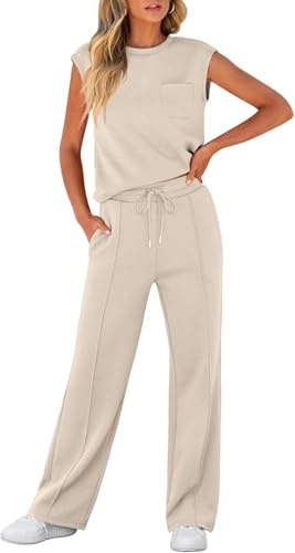 LLECDASEUI Women's Summer 2 Piece Outfits Casual Sleeveless Sweatsuits Matching Wide Leg Tracksuits Lounge Sets Fashion Clothes (M,Apricot)