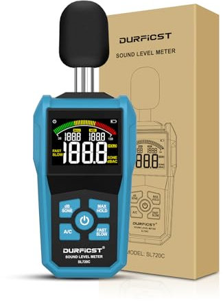 Sonometro,DURFICST Medidor Decibelios Portátil,Decibelímetro, Unidades dB/SONE de Conmutación Rápida, con Pantalla LCD a Color Retroiluminación,A/C Ponderado,para Aula,Oficina,Fábrica