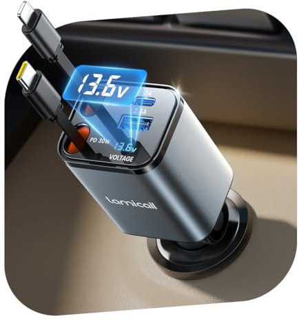 Lamicall 4 IN 1 Zigarettenanzünder USB C Auto Ladegerät - [50% Kleiner] [Spannung-Anzeige] 69W USB Adapter Auto Schnellladegerät mit einziehbarem Typ-C Kabel, 24/12V KFZ Ladegerät für iPhone/Samsung