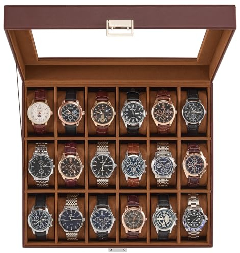 ProCase Caja Organizadora de Relojes 18 Ranuras, Estuche Joyero con Tapa de Cristal, Vitrina de Almacenamiento para Relojes, Pulseras y Joyas, Regalo Elegante para Hombres y Mujeres - Café