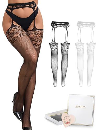 ohyeahlady Calze Donna Collant Sexy Taglie Forti a Rete Pizzo Morbide Autoreggenti Nere con Reggicalze Sexydonna Hard Elasticizzati Intimo Hot Curvy Lingerie Biancheria Intima Nero+Bianco,L-XXL