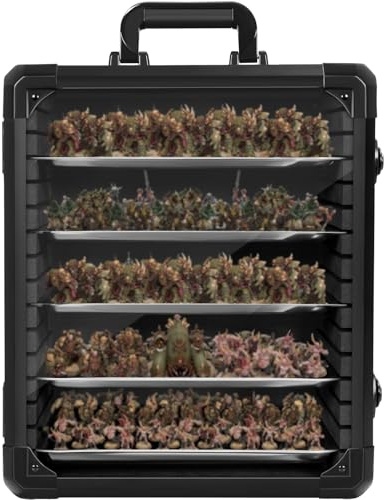 FREEAMG Miniatures Carry Case with Lock, Miniature Storage Case with 5 Metal Trays & Aluminum Alloy Frame, Portable Miniatures Transport Case for Tabletop Gaming Miniatures, RPG Models (Medium Black)