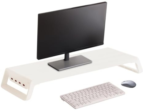 Hylla med skrivbordsorganisatör – trästativ 50 x 20 x 7,5 cm, USB-laddningsportar för skärm, smart konfiguration med kabelhantering | Arbetsstationsställ för studior, sovsal