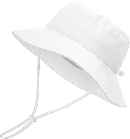 Xnova Bébé Enfant Chapeau de Soleil Réglable, Chapeaux de Seau Large Bord Unisex UPF 50+ Bucket Hat Bob Anti-UV Casquette pour Fille Garcon (Blanc, M(Circonférence Chapeau: 52-54 cm))