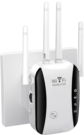 Répéteur WiFi Puissant 300Mbps, 2.4GHz Amplificateur WiFi avec WPS,Répéteur WiFi 4 Antennes, 1 Ports LAN, Compatible avec Toutes Les Box Internet, Jusqu'à 300m²| 20 appareils