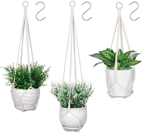 Muorruo Paquete de 3 Colgadores de Plantas de Macramé, Soporte para Interior con 3 Ganchos, Sostenedor de Plantas Tejido sin Flecos para Interior y Exterior, Estilo Boho, Marfil (Macetas no