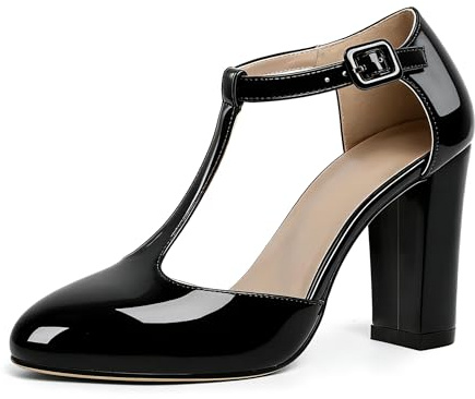 EDEFS Womens Vintage Mary Jane Heels Black Patent Closed Toe Court Shoes with 3.5 Inch Block Heel for Party Wedding and Work UK4