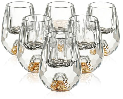 WIYETY 6 stycken kristallshotglas: Elegant böjda shotglas med guldberg, dekorativa kreativa shotglas vodkaglas, stamplglas för hemmabar presentidéer