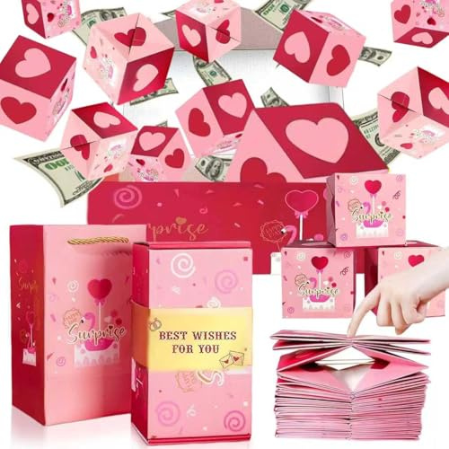 Boîte surprise à monter soi-même - Explosive - Avec 16 boîtes pliantes - Boîte cadeau pop-up - Pour parents, amoureux, amis - Avec sac cadeau - Rose