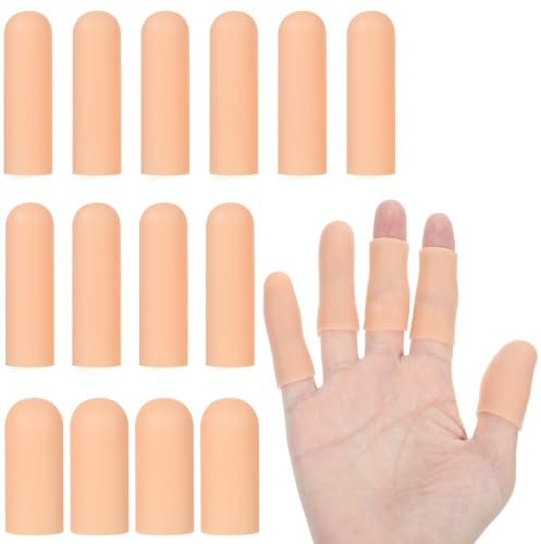 Piriuuo 14 Pcs Silicone Finger Protectors, Waterproof Gel Finger Cots Reusable Fingers Sleeves Soft Thumb Guard for Typing Crafting Gardening Daily Work (Skin Color, 10 Long + 4 Short)