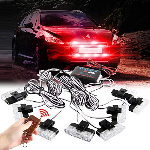 Sidaqi Röd 16 LED, grill, stroboskop-varningslampor, instrumentbräda, däck, visir, polis, strålkastare, bil, lastbil, ambulans, nödsituation, stroboskoplampor med fjärrkontroll, trådlös 12 V