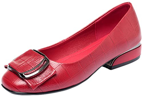 Jamron Femmes Mode Bout Carré Escarpins en Cuir avec Boucle Talon Bas Épais Ballerines Rouge SN02850 EU37.5