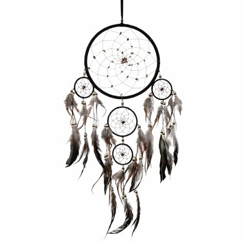 OMA Black Dream Catcher Wall Hanging with Tiger Eye Stones and Feathers, Black Suede Traditional Dream Catcher Boho Home Decor Bedroom Decoration Gift Large Size - 28 Long x 9 Diameter