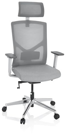 hjh OFFICE 751000 Profi Bürostuhl Breton PRO W Stoff/Netz Hellgrau Drehstuhl mit Kopfstütze & Lordosenstütze höhenverstellbar