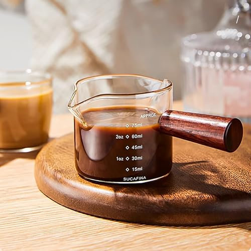 SYXLS Vaso de Medición de Doble Boquilla con Mango de Madera, Vaso Medidor Espresso, Vaso de Cristal con Doble Boquilla Para Café con Escala Resistente a la Temperatura, con Mango de Vertido