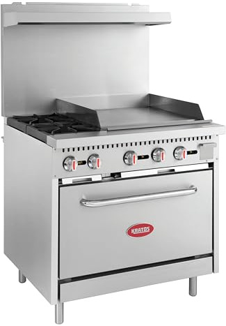 Kratos 36 Wide Commercial Gas Range with 24 Griddle, 2 Burners, and Full Size Oven, Stainless Steel Range for Restaurants, 130,000 BTU, Natural Gas (29Y-047-NAT)