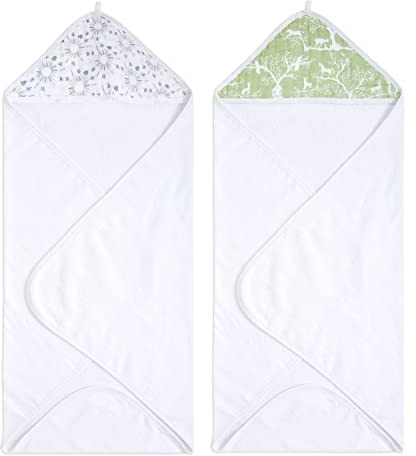 aden + anais harmony Hooded Towel - Pack of 2 | 100% Cotton Terry Towel with Muslin Hood, Soft Bath & Shower Wrap for Babies | nature, trees, green, forest Gift Set 76 x 76 cm AD217