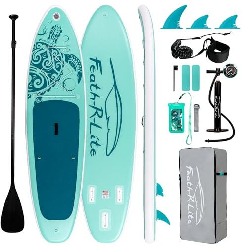 FEATH-R-LITE Inflatable Paddle Board Stand Up Paddleboards for Adults SUP with Complete Premium Accessories Pump, Adjustable Paddle, Leash, Three Fins, Waterproof Phone Bag, Repair Kit, Backpack