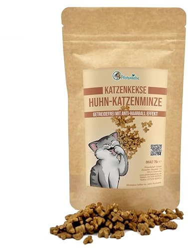 Pfotenliebe Katzenleckerlies, kleine Kekse, Huhn & Katzenminze, Getreidefrei mit Anti-Haarball-Effekt, 70g