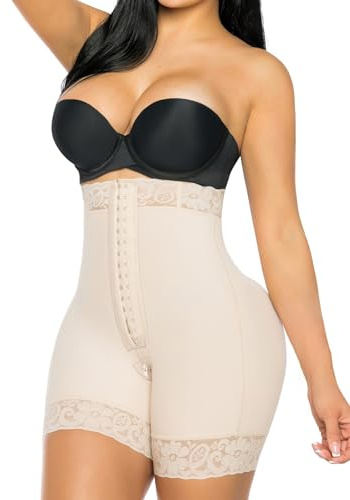 YIANNA Tummy Control Shapewear for Women Strapless Fajas Colombianas Moldeadoras Postpartum Body Shaper Shorts Butt Lifter Compression Garment with Zipper Crotch,YA7272-Beige-XL