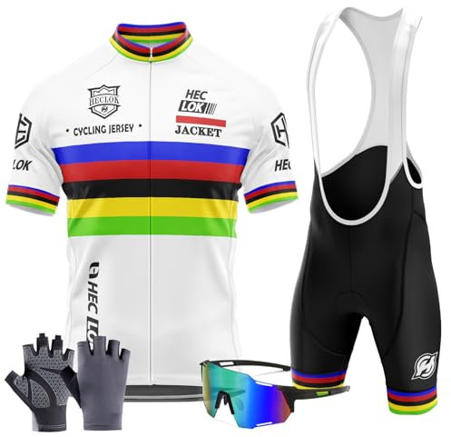 Traje Ciclismo Hombre Verano Conjunto Bicicleta Ropa MTB Maillot Bici Manga Corta＋Pantalones Cortos 9D Gel Acolchado Maillot para MTB+Incluye Guantes y Gafas de Ciclismo (TYP-1,L)