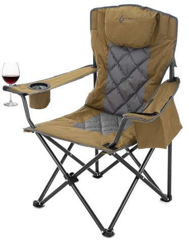 ARROWHEAD OUTDOOR Portable Deluxe Folding Camp Quad Chair w/Headrest, Glass & Cup Holders, Armest 6-can Cooler, Heavy Duty Carry Bag, 550 lbs Weight Capacity