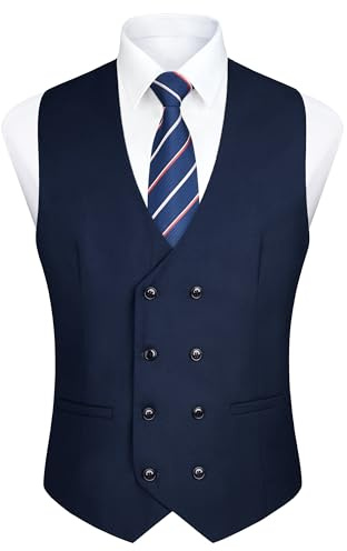 Enlision Hommes Double Boutonnage Gilet col en V Slim Costume Gilet Casual Formelle d'Affaires Robe Bleu Marine M