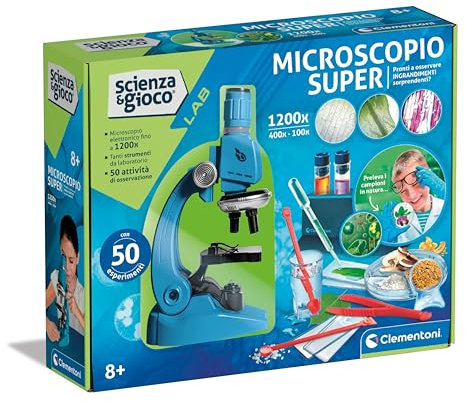 Clementoni Scienza e Gioco Lab - Microscopio Super, Kit Scientifico Bambini 8+ Anni, Laboratorio con Lenti di Ingrandimento Professionali 100x, 400x e 1200x, Lingua Italiana, 19228