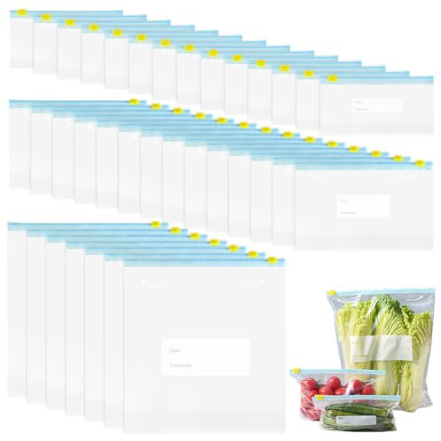 Aoyswuz 50 Pièces Sac Congélation Zip Reutilisable Sacs à Sandwich, Sans BPA, Four à Micro-ondes Disponible, Pour la nourriture(0.5L*20, 1L*20, 4.5L*10)