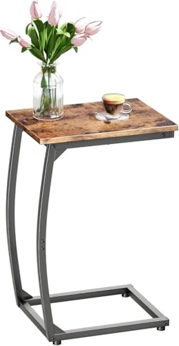 LAKEMID C Shaped End Table, Side Table for Couch, Small Sofa Table with Metal Frame, Couch Table for Small Spaces, TV Tray Table for Living Room Bedroom (Rustic Brown)