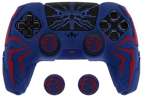 PlayVital Funda de Silicona para ps5 Mando - Diseño Cyber Spider, Antideslizante y Antigolpes, Incluye 2 Agarre de Pulgar y 6 Stickers, Compatible con ps5 Estación de Carga Oficial (Rojo & Azul)