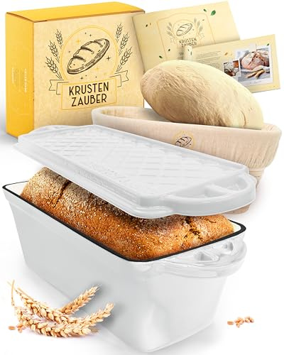 KRUSTENZAUBER Stampo per pane smaltato con coperchio incluso cestino per la lievitazione, robusto stampo da 28 cm, ideale come stampo per scatola, pane tostato, stampo per pane, pentola in ghisa