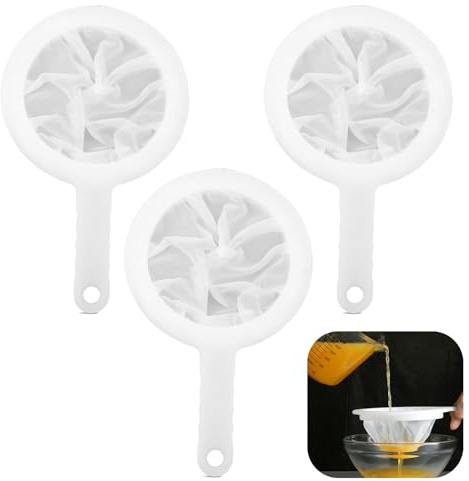 Firavggu Tamiz Fino de Nylon de 100 Mallas con Mango de Plástico Colador de Cocina, Multiuso de Colador Tela 10.8cm- Juego de 3 - Filtro de Cocina de Malla Fina para Jugos, Leche, Café