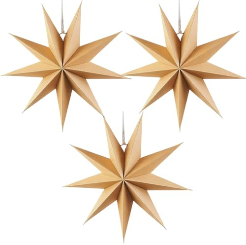 9 taggiga pappersstjärnor, 30 cm pappersstjärnor för upphängning, 3 stycken vikstjärnor, original träfärg pappersstjärnor juldekoration, dekorativ för jul, bröllop och födelsedagsfirande