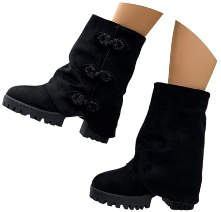 Zapatos de mujer de invierno, botas holgadas, botines plegables, botines de media altura para mujer, estilo retro, elegantes, botas de ancho para exteriores, cálidas, botas de vaquero gruesas, cómodas