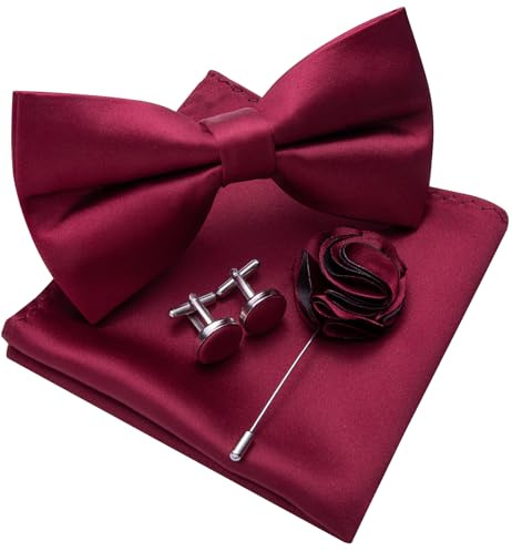 Ailisus Set con Papillon e Fazzoletto da Taschino da Uomo, Papillon in Raso Monocromatico Pre-annodato e Fazzoletto con Fiocco, Gemelli con Fiore, per Matrimonio, rosso bordeaux, Taglia unica